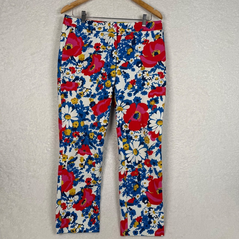 Boden Richmond Pants Women 12 Blue Red Floral Slim Leg Cotton Stretch WM453